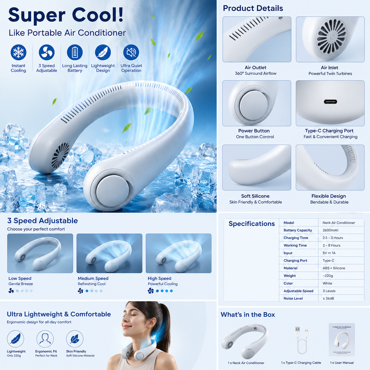 Rechargeable Portable Neck Fan (3 Speed)